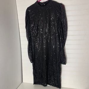 Mabell Black Sequin Mock Neck Long Sleeve Midi Dress Womens Size M